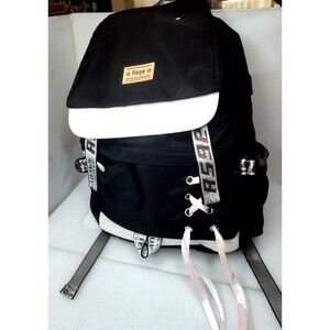 ASGE Black &White Nylon Backpack Drawstring Flap School Travel Laptop Bag 18"x15